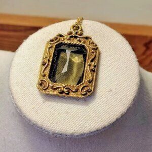 Vtg Victorian Style Smoky Topaz Glass Pendant Gold Tone Necklace